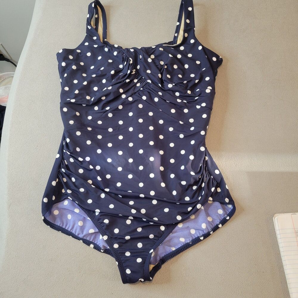 Lands End Swimsuit Size 16W Long Blue & White Polka Dot One Piece Summer